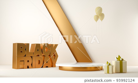 3D Illustration. Black friday sale banner background with a podium, gifts box and balloons 93992124