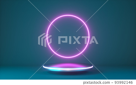 flight through circle neon, pink light, moving fashion podium. 3d render 93992146