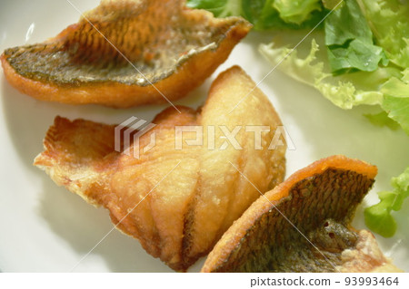batter fried slice mango or Tilapia fish fresh vegetable salad on plate batter fried slice mango or Tilapia fish fresh vegetable salad on plate 93993464