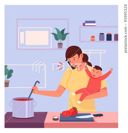 Woman cooking on kitchen with little baby. Multitasking mother 93995328