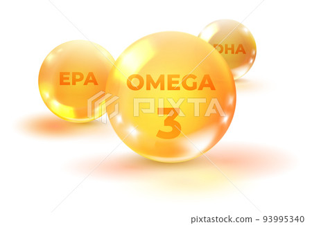 Omega 3 balls. Realistic golden pills. Oil drop 93995340