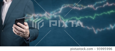 businessman receives financial reports on his phone. business analytics with key performance indicators concept. App working cell smart phone. banner on blue background businessman receives financial reports on his phone. business analytics with key performance indicators concept. App working cell smart phone. banner on blue background 93995996