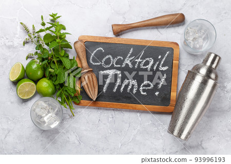 Mojito cocktail ingredients and drinks utensils 93996193
