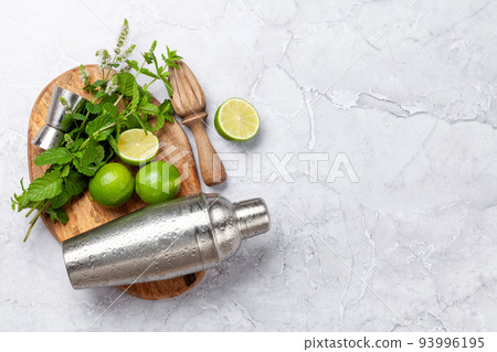 Mojito cocktail ingredients and drinks utensils 93996195