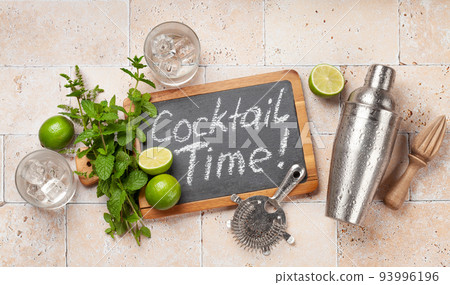 Mojito cocktail ingredients and drinks utensils 93996196