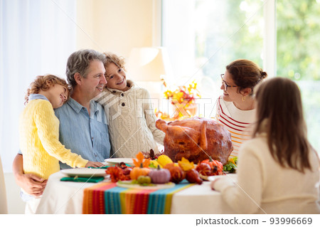 Thanksgiving family dinner. Roasted turkey meal. Thanksgiving family dinner. Roasted turkey meal. 93996669