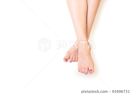 Perfect clean female feet . Beautiful and elegant groomed feet with a bright purple pedicure. isolated on white background. 93996731
