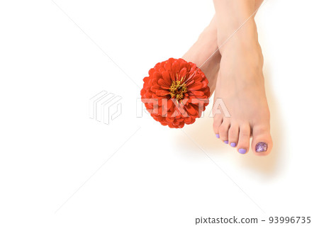 Women's feet with pedicure on nails and red flower decoration. skincare concept Women's feet with pedicure on nails and red flower decoration. skincare concept 93996735