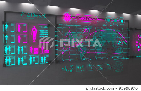 Coronavirus disease (COVID-19) pandemic. Colorful digital graph of virus infection in the world. Light panel on the wall. 3D illustration 93998970