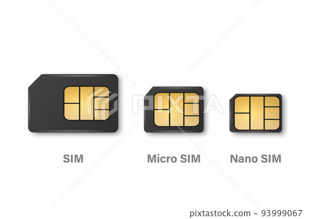 Vector 3d Realistic Black Plastic Sim, Micro Sim, Nano Sim Card Template Set Isolated. Design Template of Sim Card for Mockup, Branding. Top View 93999067
