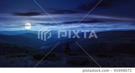 rolling hills and grassy meadows of carpathians. chornohora mountain ridge in the distance on a summer night with clouds on the sky in full moon light rolling hills and grassy meadows of carpathians. chornohora mountain ridge in the distance on a summer night with clouds on the sky in full moon light 93999072