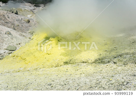 smoking solfatara among sulfur deposits on the slope of the volcano smoking solfatara among sulfur deposits on the slope of the volcano 93999119