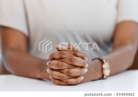 Hands, meeting and manager with a business woman at a table in her office for a discussion or review. Human resources employee at a desk during an interview and hiring new staff for future growth 93999982