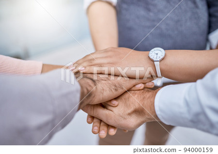 Hands, trust and teamwork with business people in motivation, innovation and vision workshop or meeting. Management, human resources and coaching employees working together in collaboration mission 94000159
