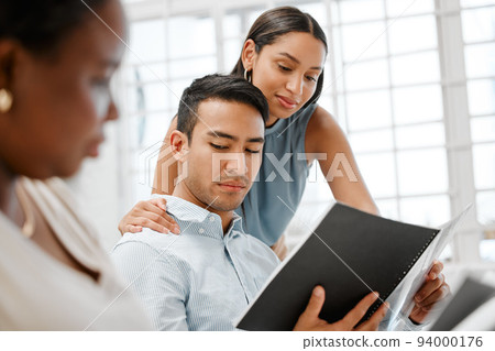 Workplace harassment, sexual abuse and unprofessional behavior from flirting business woman touching a coworker in an office. Awkward man feeling uncomfortable with unethical relationship and affair 94000176
