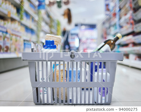 Grocery, supermarket and shopping basket of food ingredients from retail convenience store. Inflation, financial budget and customer goods increase effect on economy, sale and lifestyle choices 94000275