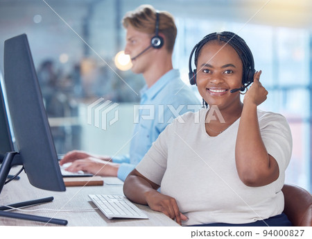 Telemarketing, smile and call center worker on phone call communication with customer questions, sales or inbound marketing. Help desk consultant working in, contact us or customer support office 94000827
