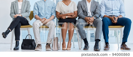 Business diversity, work and corporate workers waiting for a office interview and meeting. Staff, employees and professional workforce sitting together to meet with the job hiring company team 94000860