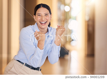 Business woman cheering with fist for success, winning and bonus achievement in startup agency. Portrait of happy, lucky and excited sales worker for celebration deal, trading motivation and joy Business woman cheering with fist for success, winning and bonus achievement in startup agency. Portrait of happy, lucky and excited sales worker for celebration deal, trading motivation and joy 94001209