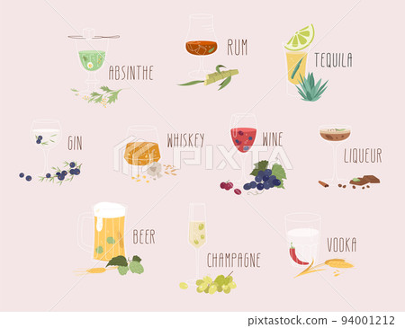 Icons set of various alcohol types in different glasses with components. Glassware collection in flat outline style vector illustration. 94001212