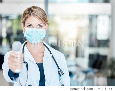 Covid medical monitor with doctor woman to check patient health status at a hospital. Medical, healthcare and clinic worker with a mask work and help prevent corona virus and test dengue fever 94001253