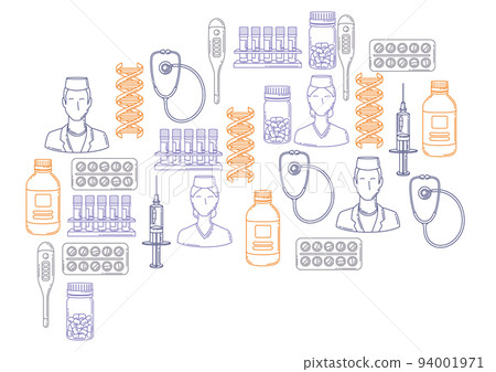 Background with medical and healthcare items. Equipment for pharmacies and hospitals. Background with medical and healthcare items. Equipment for pharmacies and hospitals. 94001971