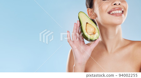 Avocado skincare, woman beauty and natural cosmetic wellness in healthy diet, feminine results and clean glowing skin on mockup blue background. Bodycare, nutrition and model, grooming and fresh face Avocado skincare, woman beauty and natural cosmetic wellness in healthy diet, feminine results and clean glowing skin on mockup blue background. Bodycare, nutrition and model, grooming and fresh face 94002255