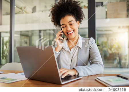 Business woman working on laptop in office, in conversation on phone and talking with people on smartphone at work. Happy corporate worker, employee and manager reading email at marketing company Business woman working on laptop in office, in conversation on phone and talking with people on smartphone at work. Happy corporate worker, employee and manager reading email at marketing company 94002256