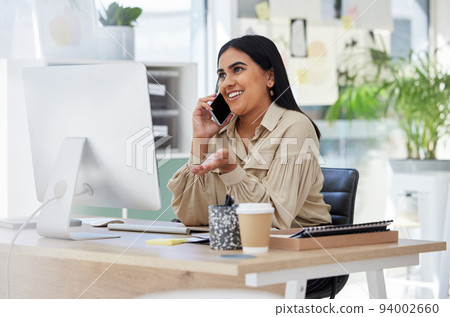 Phone call, computer and networking business woman with innovation, planning and startup strategy for customer. Smile, happy or digital marketing office employee with creative social media brand idea Phone call, computer and networking business woman with innovation, planning and startup strategy for customer. Smile, happy or digital marketing office employee with creative social media brand idea 94002660