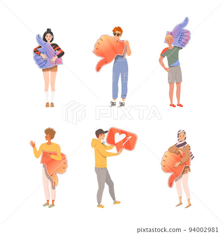People Characters Holding Thumb Up and Down Sign as Notification of Approval and Disapproval Vector Illustration Set 94002981