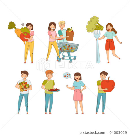 Vegetarian People Characters with Fresh Vegetables from Greengrocery Vector Illustration Set 94003029