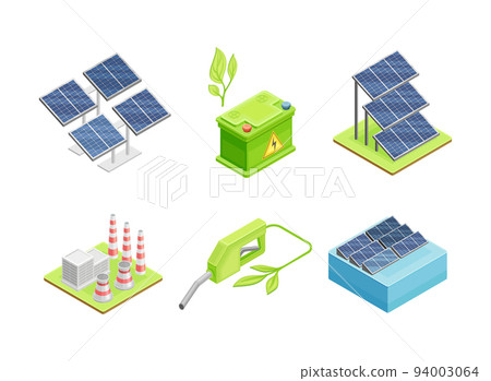 Renewable Green Energy Source with Electric Car Accumulator, Solar Panel Battery, Geothermal Power Station and Fuel Nozzle Isometric Vector Set 94003064