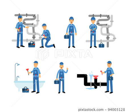 Professional Man Plumber Character in Blue Overalls with Tool Box Repairing and Fixing Plumbing Equipment Vector Set 94003128