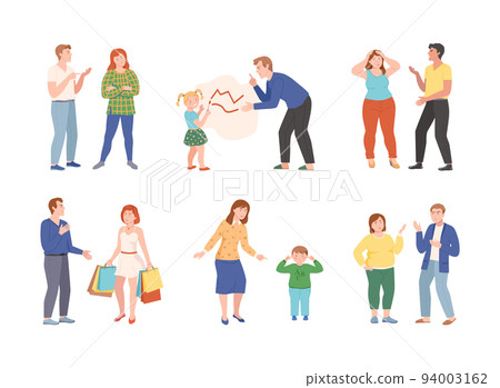 Annoyed Parents Arguing and Having Quarrel Scolding Their Kids for Disobedience and Bad Behavior Vector Illustration Set 94003162