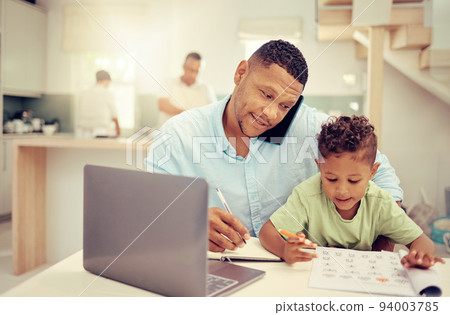 Remote, business man and parent multitasking with child at home, talking on phone call and help with homework. Productive single father online project management while discuss strategy and balance Remote, business man and parent multitasking with child at home, talking on phone call and help with homework. Productive single father online project management while discuss strategy and balance 94003785