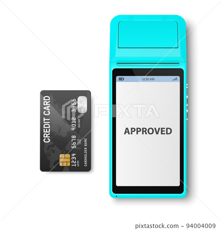 Vector 3d NFC Payment Machine with Approved Status and Credit Card Isolated. Wi-fi, Wireless Payment. POS Terminal, Machine Design Template of Bank Payment Contactless Terminal, Mockup. Top VIew Vector 3d NFC Payment Machine with Approved Status and Credit Card Isolated. Wi-fi, Wireless Payment. POS Terminal, Machine Design Template of Bank Payment Contactless Terminal, Mockup. Top VIew 94004009