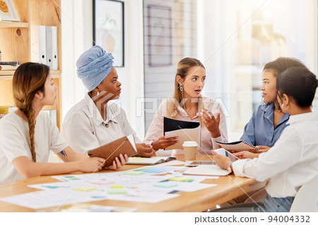 Female business, diversity or business meeting for teamwork, collaboration or target audience research. Creative woman planning brand innovation strategy on marketing kpi and crm data paper in office Female business, diversity or business meeting for teamwork, collaboration or target audience research. Creative woman planning brand innovation strategy on marketing kpi and crm data paper in office 94004332
