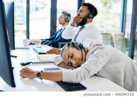 Tired, sleeping in call center and team burnout while giving customer service, consulting online and working at telemarketing company. Bored, sleep and fatigue employees in crm at startup agency 94004359