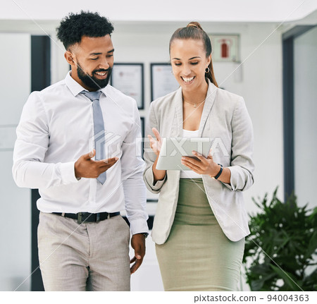 Business people, collaboration and teamwork with tablet in office for walking man and woman planning corporate strategy. Happy employees with smile, motivation or success vision on digital technology 94004363