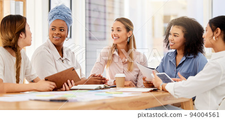 Marketing strategy, business women and collaboration teamwork in inclusive office room with diversity empowerment. Smile, happy and motivation people in communication, meeting and designer innovation Marketing strategy, business women and collaboration teamwork in inclusive office room with diversity empowerment. Smile, happy and motivation people in communication, meeting and designer innovation 94004561