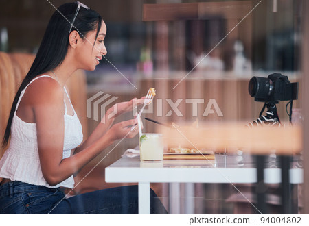 Camera streaming, food influencer and social media meal review on content creator marketing blog. Communication, happy and creative blogger, woman or podcast photographer advertising cafe restaurant 94004802
