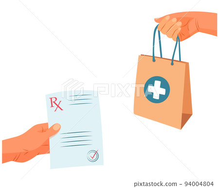 Form rx with stamp. Prescription drugs sale concept with hands illustration. 94004804