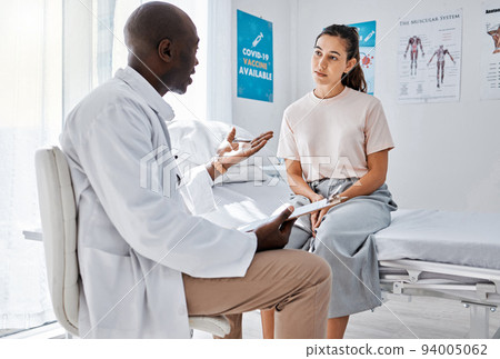 Doctor consulting patient for covid vaccine, wellness check and medical test results in clinic surgery. Healthcare worker and hospital staff in discussion about medicine service and healthy feedback 94005062
