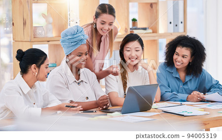 Laptop marketing strategy, branding and promotion project by diverse group of creative agents with vision, plan or idea. United, supportive or inclusive business women analyzing tech performance data 94005319