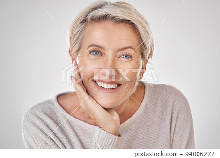 Botox at spa, woman with invisalign, luxury facial and wellness salon. Smile with natural makeup, acnefree dermatology skincare and healthcare insurance. Portrait of happy, wealthy and relaxed woman. 94006272
