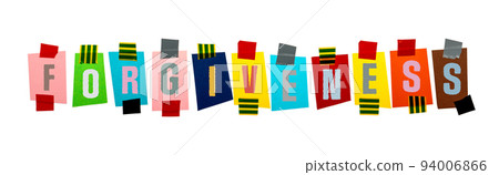 Forgiveness. Colorful pages with letters and text. horizontal banner 94006866