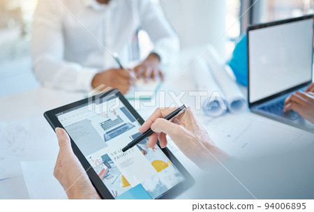 Graphic designer, digital marketing and tablet in business hands with website or web design for ux or ui product in a creative office or company. Advertising, SEO and tech screen software analytics Graphic designer, digital marketing and tablet in business hands with website or web design for ux or ui product in a creative office or company. Advertising, SEO and tech screen software analytics 94006895