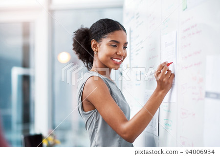Businesswoman and project manager planning a marketing strategy and brainstorming ideas on a whiteboard during her presentation. Entrepreneur and leader preparing notes and plan to achieve success 94006934