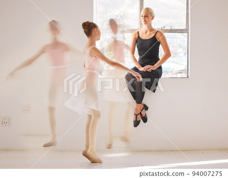 Ballet, student and teacher in dance studio training and motivation support in theater with girl dancer. Creative, school and dancing center with kid learning elegant and artistic ballerina move 94007275