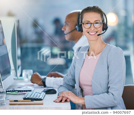 Woman call center agent working in office, employee looking confident and helping people online on computer at work. Portrait of happy customer service worker giving support at startup company 94007697